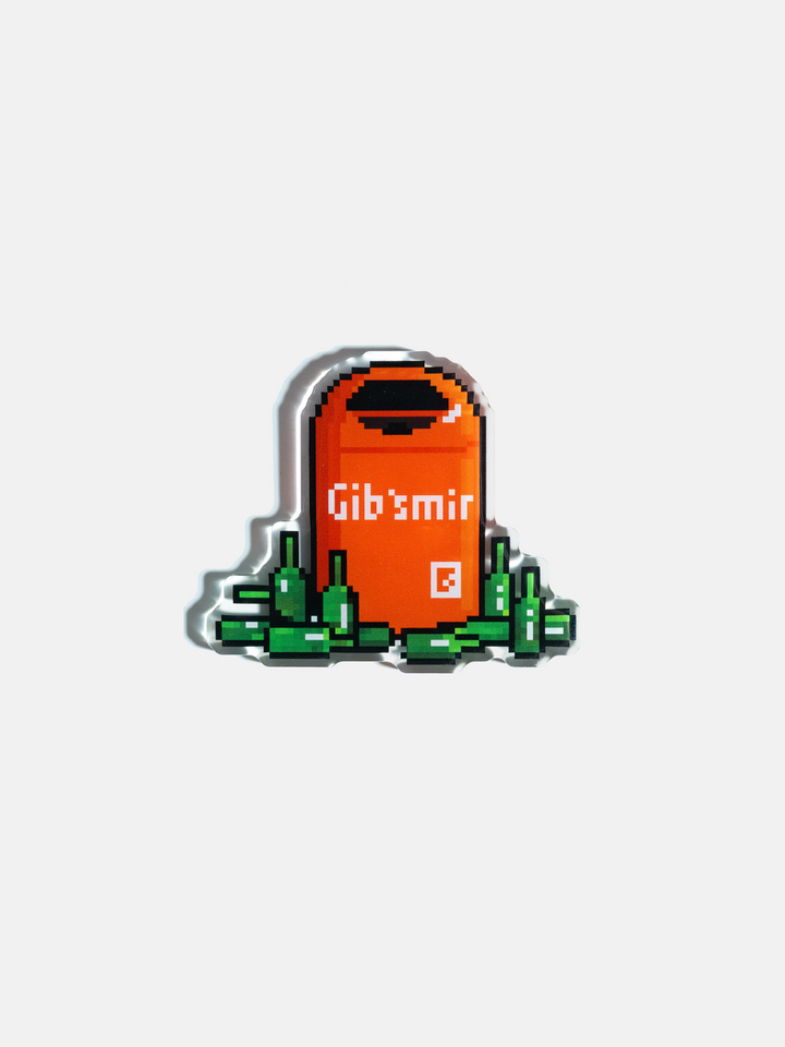 NFC enabled GIFs on a pixelated cartoon-style Berlin trash can fridge magnet.
