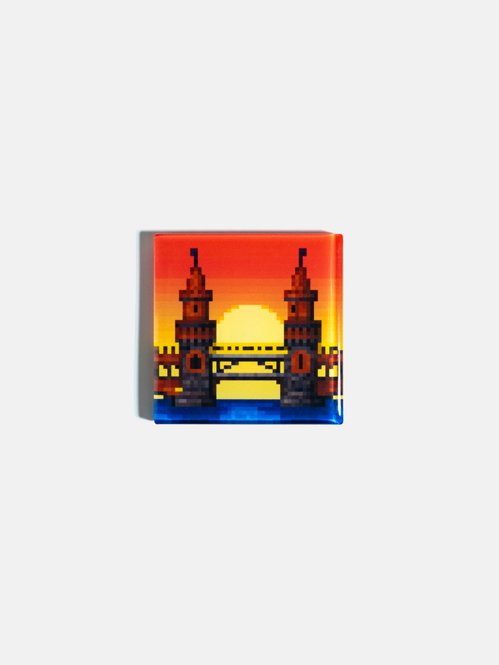 Cartoon-style illustration of the Oberbaum Bridge rendered in a pixelated aesthetic.