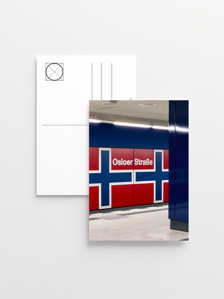Norwegian flag pattern in subway tiles with hand-stamped Osloer Station name