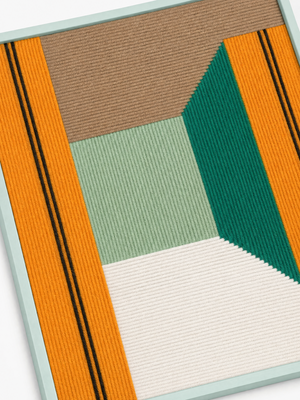 Minimalist wall art showing the Siemensdamm U-bahn structure through intricate, handwoven yarn patterns.